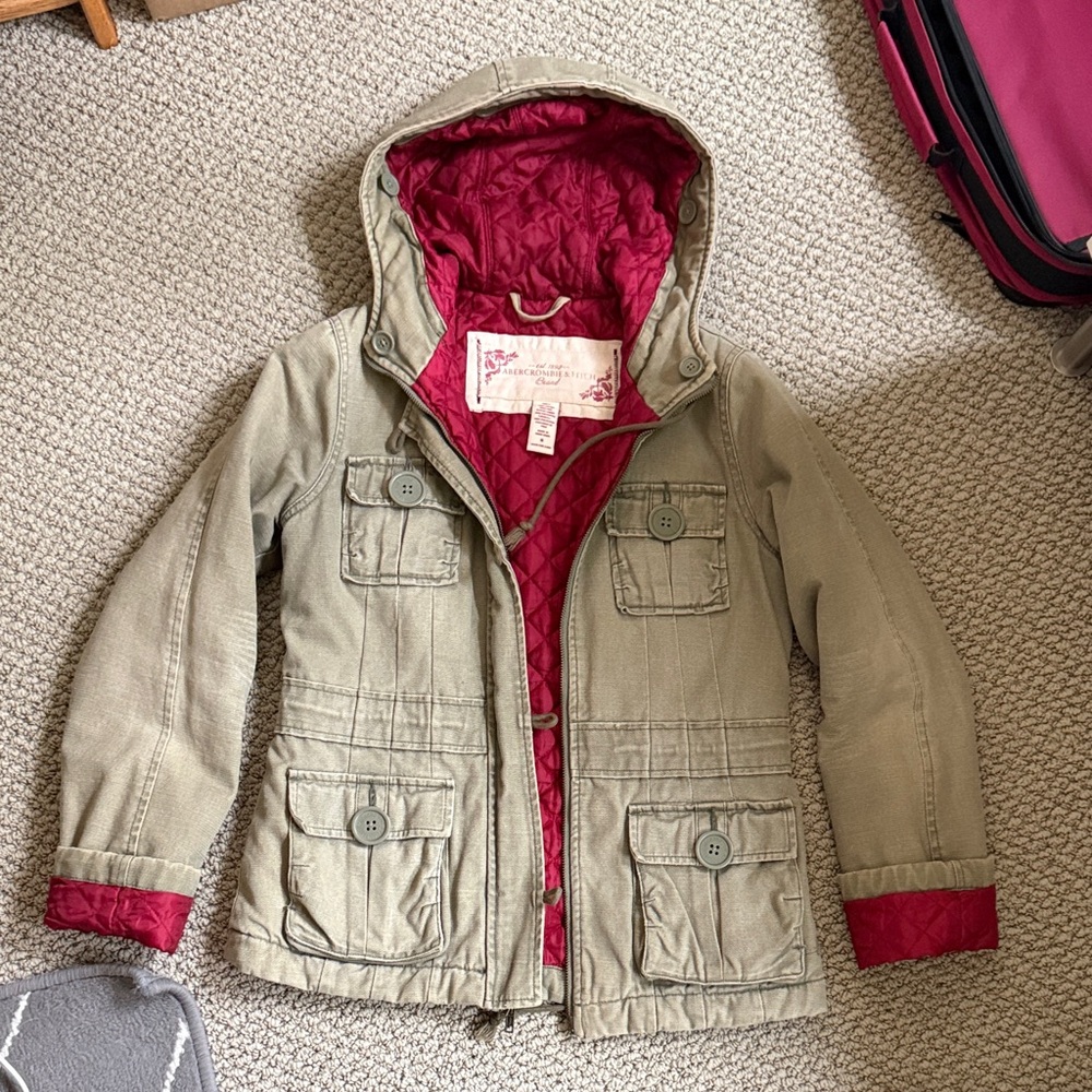 Abercrombie & Fitch Olive Raincoat with Red Interior